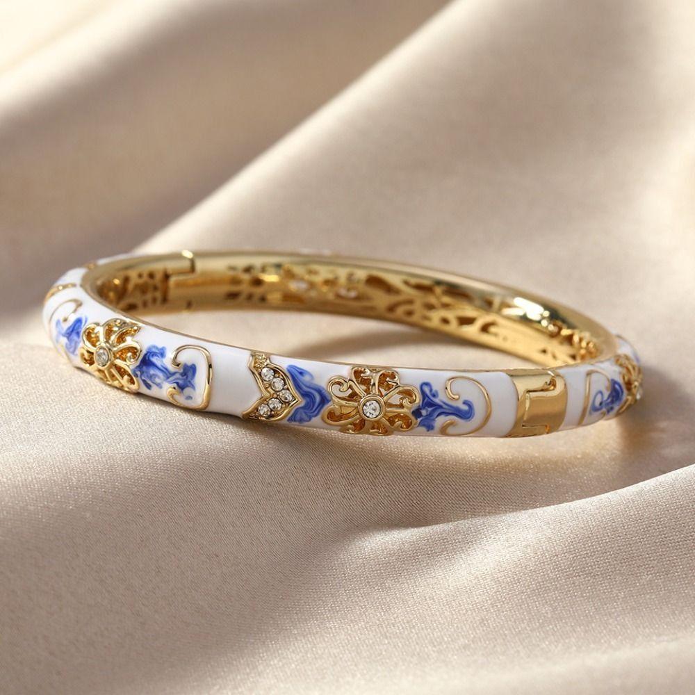 Браслет-открытие со стразами и эмалью Цветочный металлический браслет на руку Китайский браслет-перегородчатая эмаль Чонсам