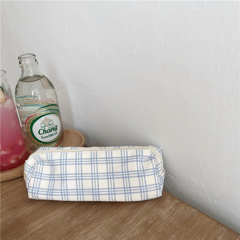 Blue and White Checkered Pencil Case Large Capacity Ins Pencil Case Canvas Retro Checkered Pencil Case Pencil Box Stationery Bag