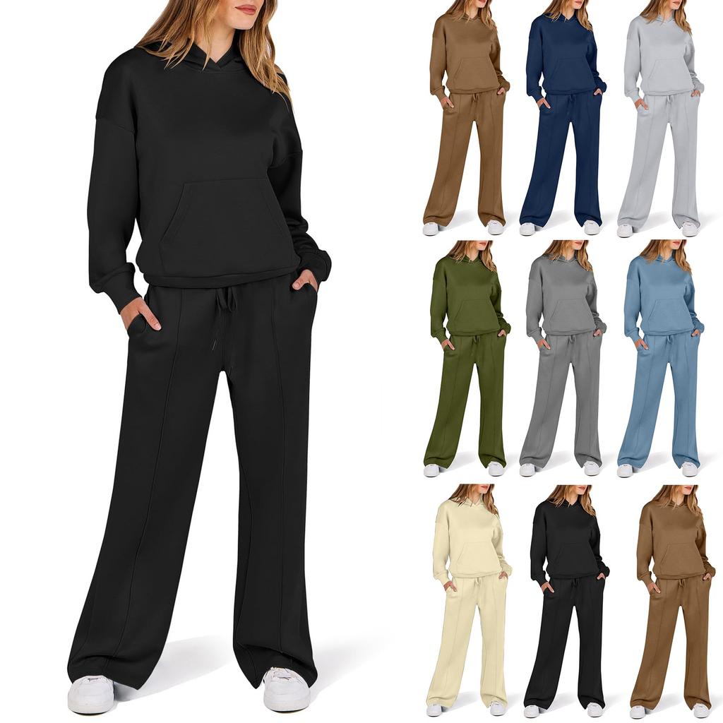 Women's Casual Solid Color Long-sleeved Hoodie Straight Pant Suit
