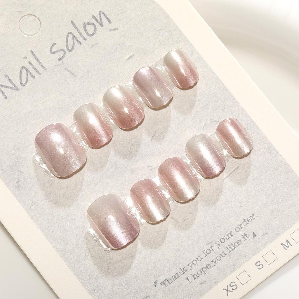 T431# Pink Gradient Cat Eye Short Round Nail Art Powder - Wearable Nail Pieces (XS/S/M)
