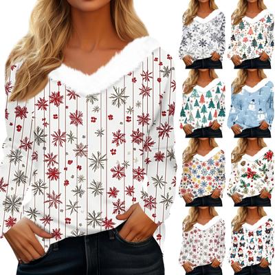 Женская футболка, модная, повседневная, с длинным рукавом, с принтом, флисовым воротником, с V-образным вырезом