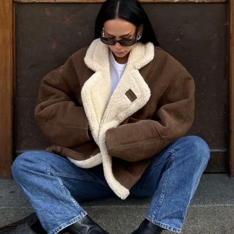 Зимняя мода свободного покроя куртка из ягненка для женщин, шерстяная куртка с длинными рукавами и пуговицами, женская куртка в стиле ретро