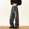 Mens Winter Side Stripe Jeans Vintage Washed Loose Straight Leg Size Denim Pants