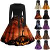 Women's Fashion Round Neck Casual Slim Fit Halloween Printed Long Sleeve Dress