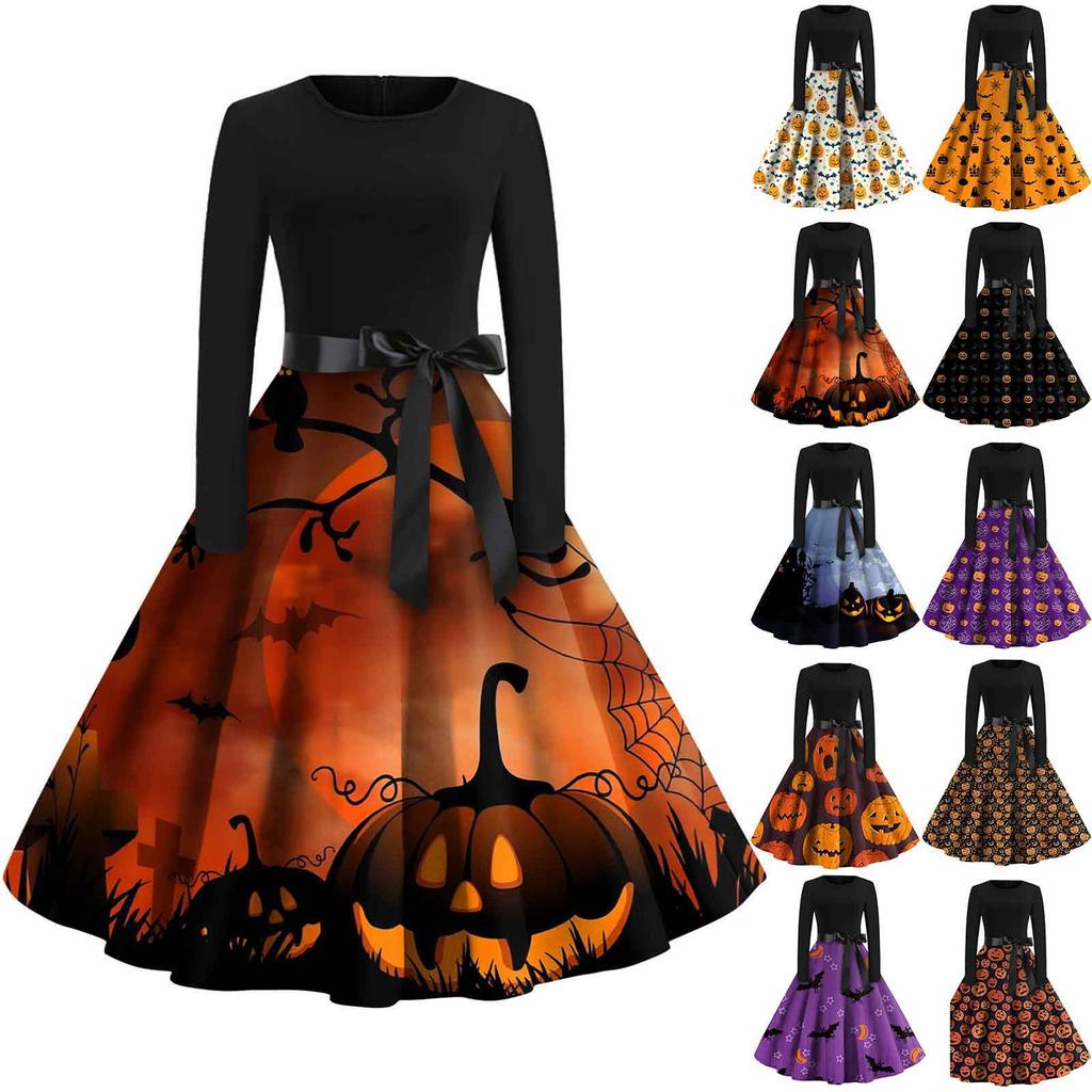 Women's Fashion Round Neck Casual Slim Fit Halloween Printed Long Sleeve Dress