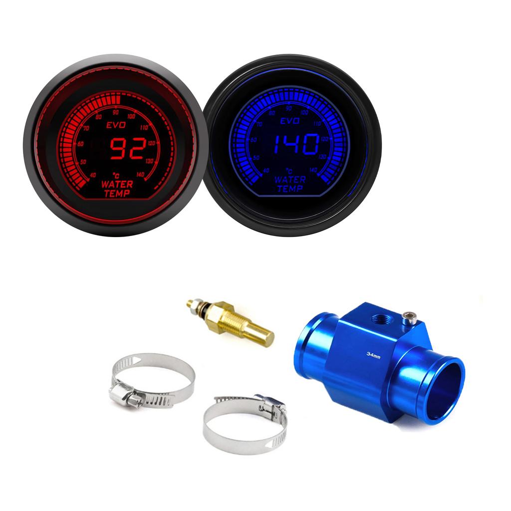 52mm Car Water Temperature Gauge LCD 40~140 ℃ Red Blue Backlight With Water Temp Sensor Water Temp Joint Pipe Sensor Adapter