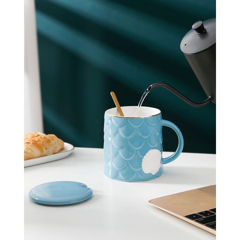 Creative Shell Ceramic Cup with Lid Spoon Small Fresh Afternoon Tea Coffee Mug Household Water Cup Large Capacity Cup