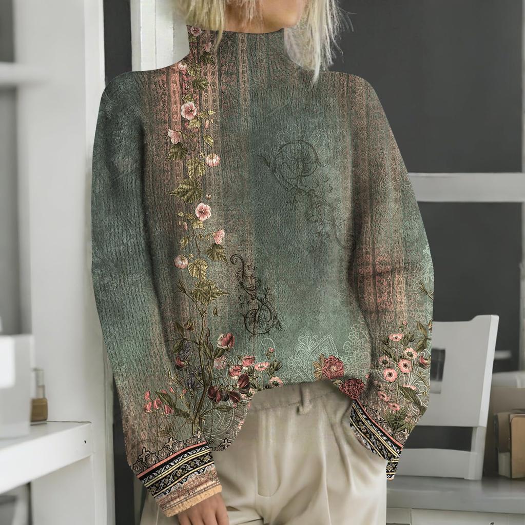 Женская мода повседневная с длинным рукавом и принтом, с высоким воротом, шерстяной трикотаж