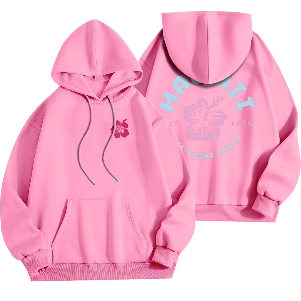 Women's Fashion Lightweight Long Sleeve Pullover With Pockets Flowers Print Hoodie