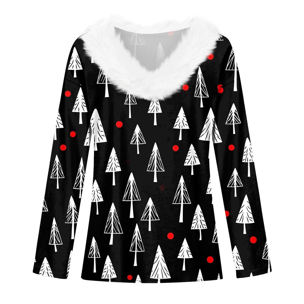 Women's Fashion Long Sleeve Christmas Day Printed Plush Neck V-Neck Pullover Top