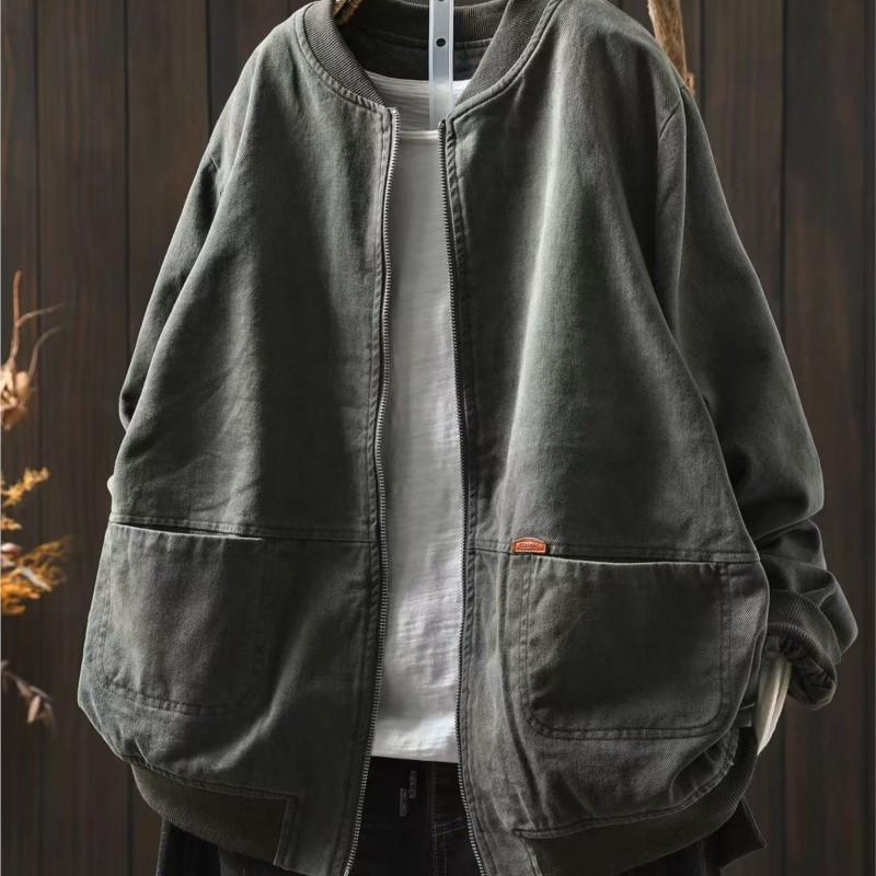 Johnature Women Vintage Jackets Solid Color Stand Long Sleeve Coats Autumn Zipper Loose Casual Pockets Jackets