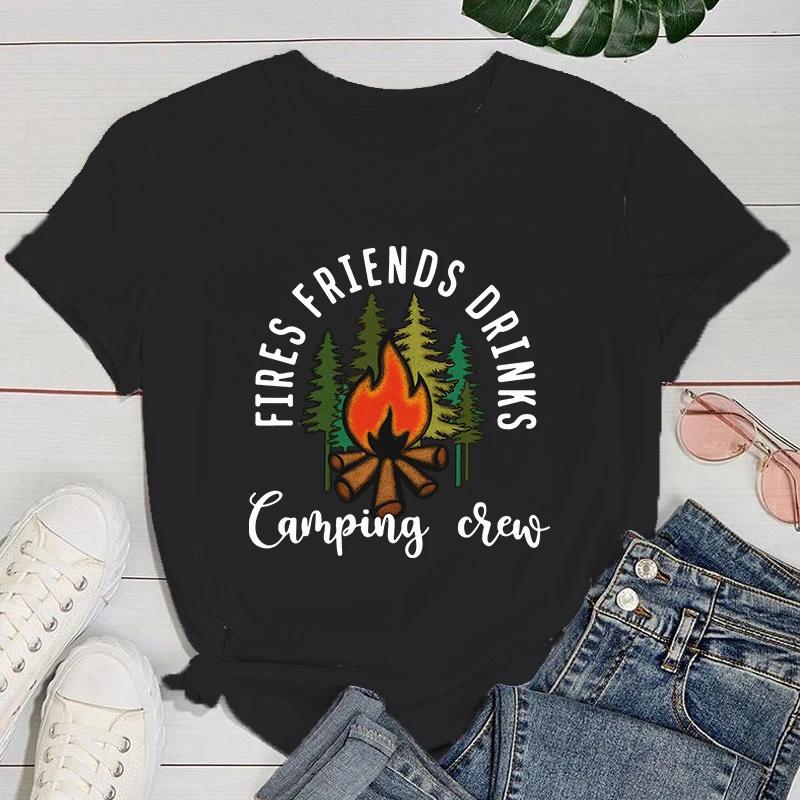 (Премиум-футболка)Женские модные футболки с принтом 'Костры, друзья, напитки, кемпинг', летние повседневные свободные с круглым вырезом