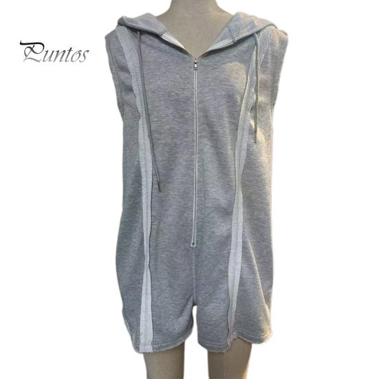 Women's Summer Short Jumpsuits Half Zip-up Sleeveless Hooded Jumpsuit Overalls Athletic One Piece Romper with Pockets