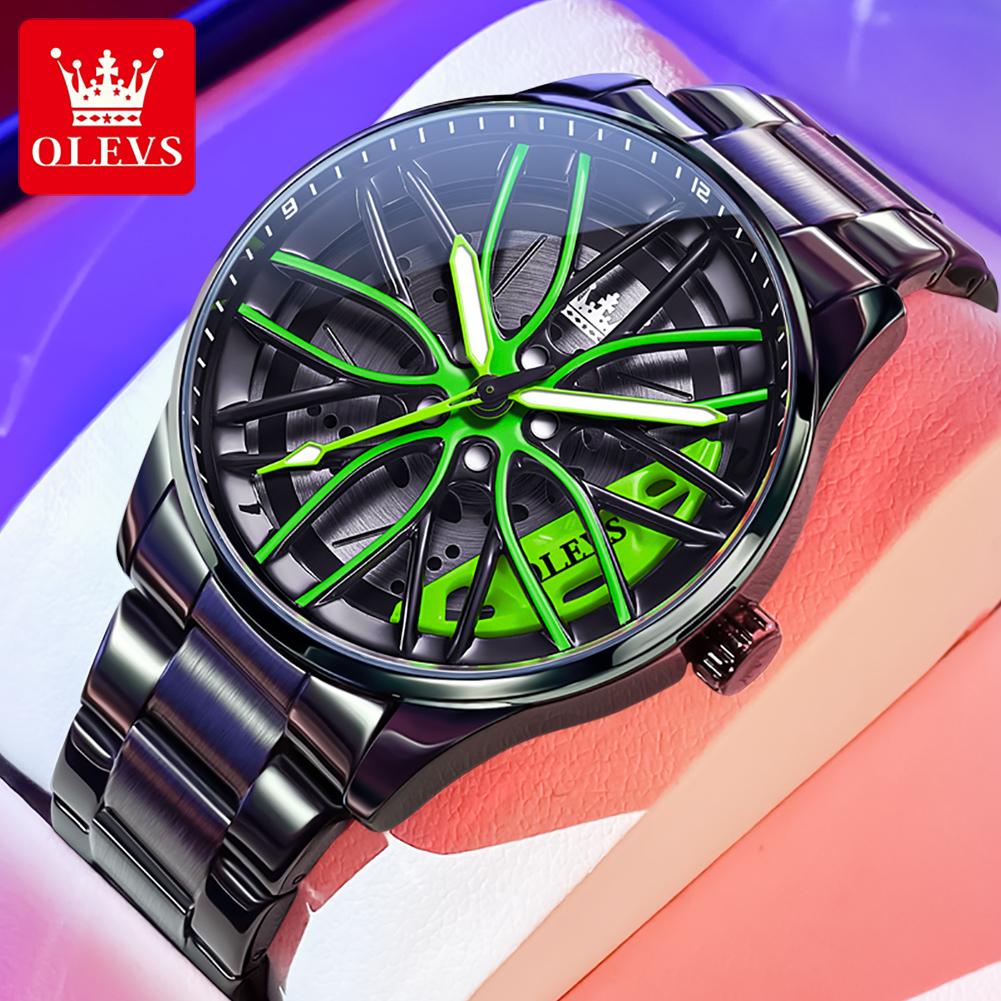 OLEVS Men's Watches Trend Fashion Personality Racing Wheel Hub Dial Original Brand Quartz Wristwatch Waterproof Luminous reloj