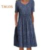 Women's Floral Print Tunic Shirt Dress Short Sleeve Crew Neck Pleated Midi Dress with Pockets Summer Boho Swing Sundress