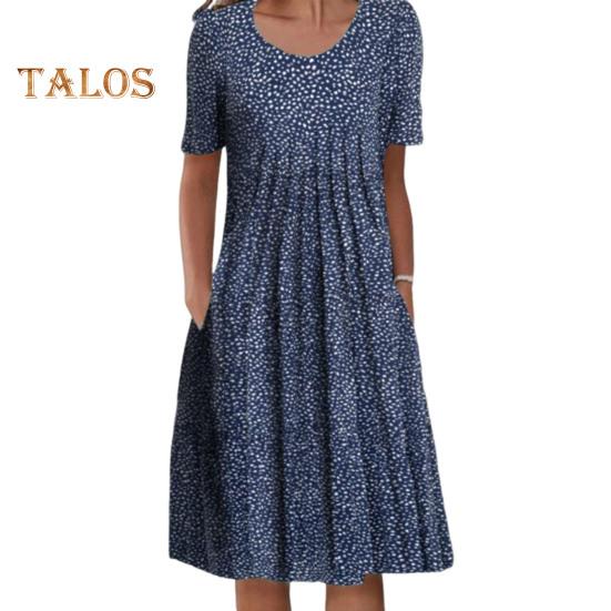 Women's Floral Print Tunic Shirt Dress Short Sleeve Crew Neck Pleated Midi Dress with Pockets Summer Boho Swing Sundress