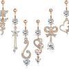 Navel Ring Set: 6-Piece Zircon Belly Button Rings with Bow and Water Drop Pendant