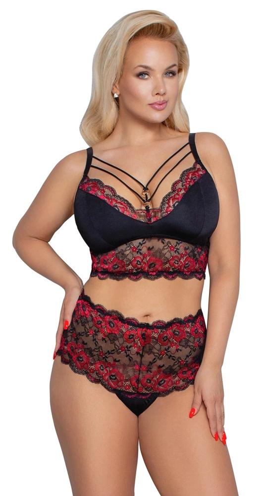 Cottelli CURVES - Sexy Lace High-Size Thong and Bra with Straps 3XL