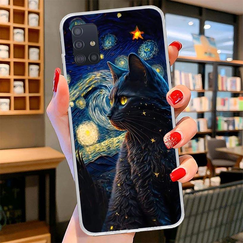Black Cat Cartoon Cute Cover Phone Case For Samsung Galaxy A12 A22 A32 A52 A72 A02S Phone Case Note 20 Ultra 10 S10 Plus A51 A71