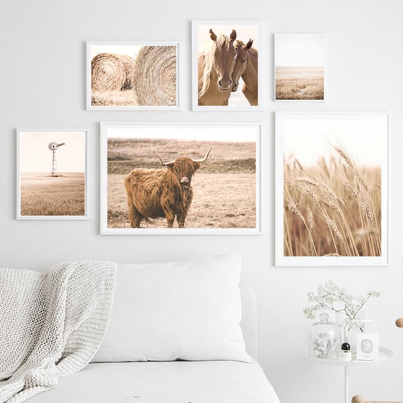 Wheat Cow Horse Grassland Scenery Wall Art Posters and Prints Landscape Print Nordic Painting Decorative Picture Home Decoration
