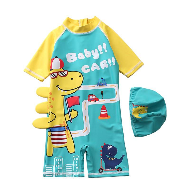 New Style European-American Boys' Dinosaur Color Block Swimwear Set - One-Piece & Two-Piece Options