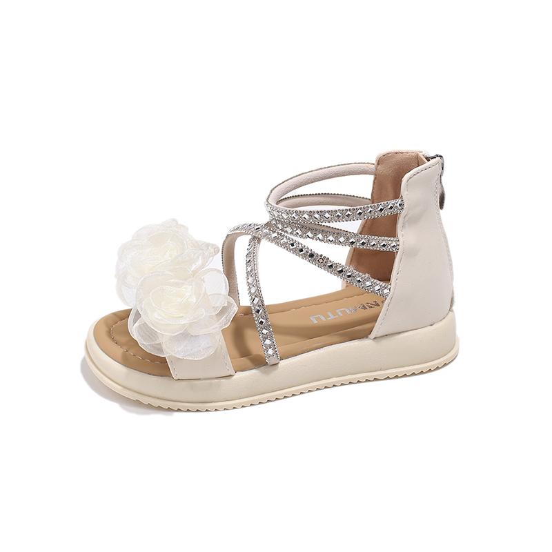 Сандалии принцессы для девочек с цветами Детские гладиаторские сандалии с высоким берцем на мягкой подошве Детские римские туфли со стразами 2024 года, лето, новинка