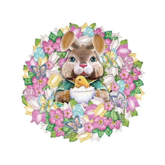 Easter Bunny Wreath Door Sign Wooden Rabbit Wreath Hanging Sign Spring Easter Holiday Party Door Hanger Wall Art Decoration