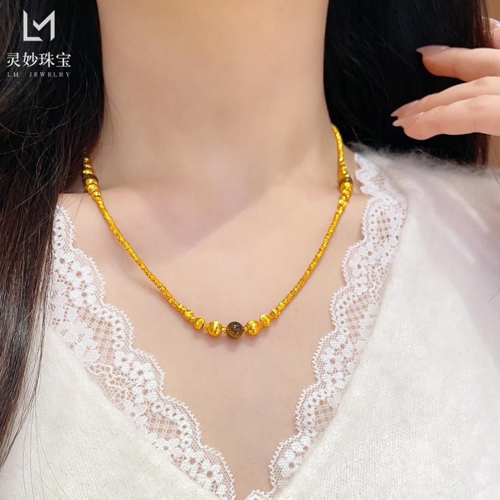 Ожерелье и браслет с бусинами «Кошачий глаз» для женщин, 24K золото AU999 - Стиль «Кошачий глаз» в стиле легкой роскоши, сдержанно мерцающее, для офисных дней
