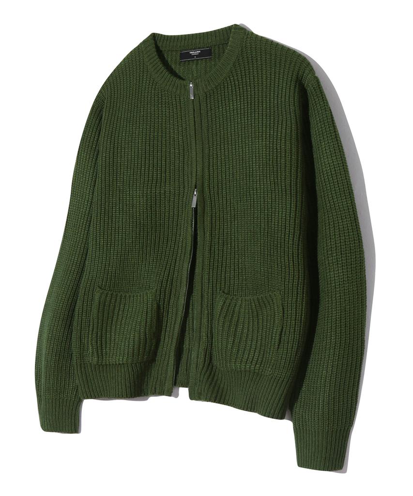 TRILLION Washable Round Neck Hachi Zip-Up Knit (Khaki)