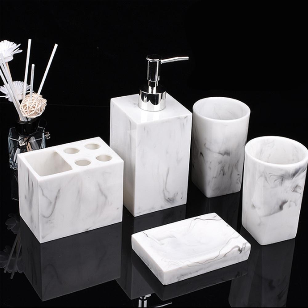 5pcs Resin Imitation Marble Bathroom Accessory Set Mouthwash Cup Soap Toothbrush Holder Shampoo Bottle Household Wash Set