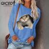 Trendy Autumn and Winter Fashion Women's O-Neck Pullover Cat Long Sleeve T-Shirt