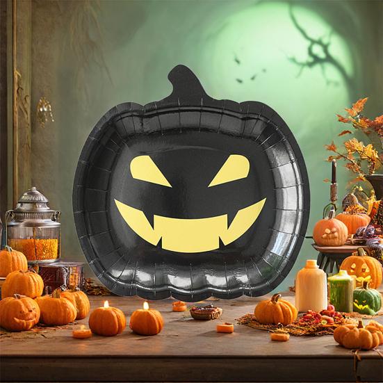 Хэллоуин Тыква Бумажные тарелки Черные Оранжевые Тарелки-гримасы тыквы Одноразовые сервировочные подносы для угощений на Хэллоуин