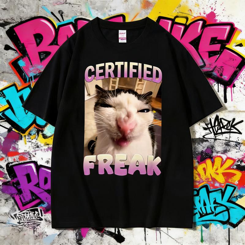 2025 Summer Certified Freak Cat Meme T Shirt Funny Hilarious Cats Expression Humor Men Women Fashion 100 Cotton Tshirt Y2k