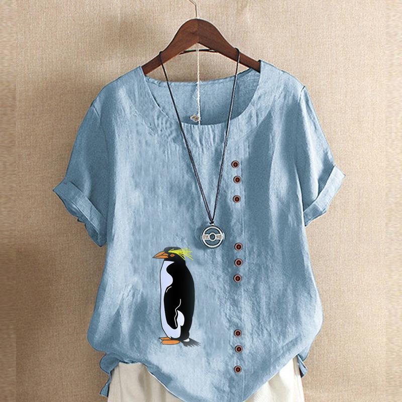 Women's New Fashion Linen Shirt Round Neck Short Sleeve Penguin Printed T-shirt Summer Ladies Casual Plus Size Blouse Tops