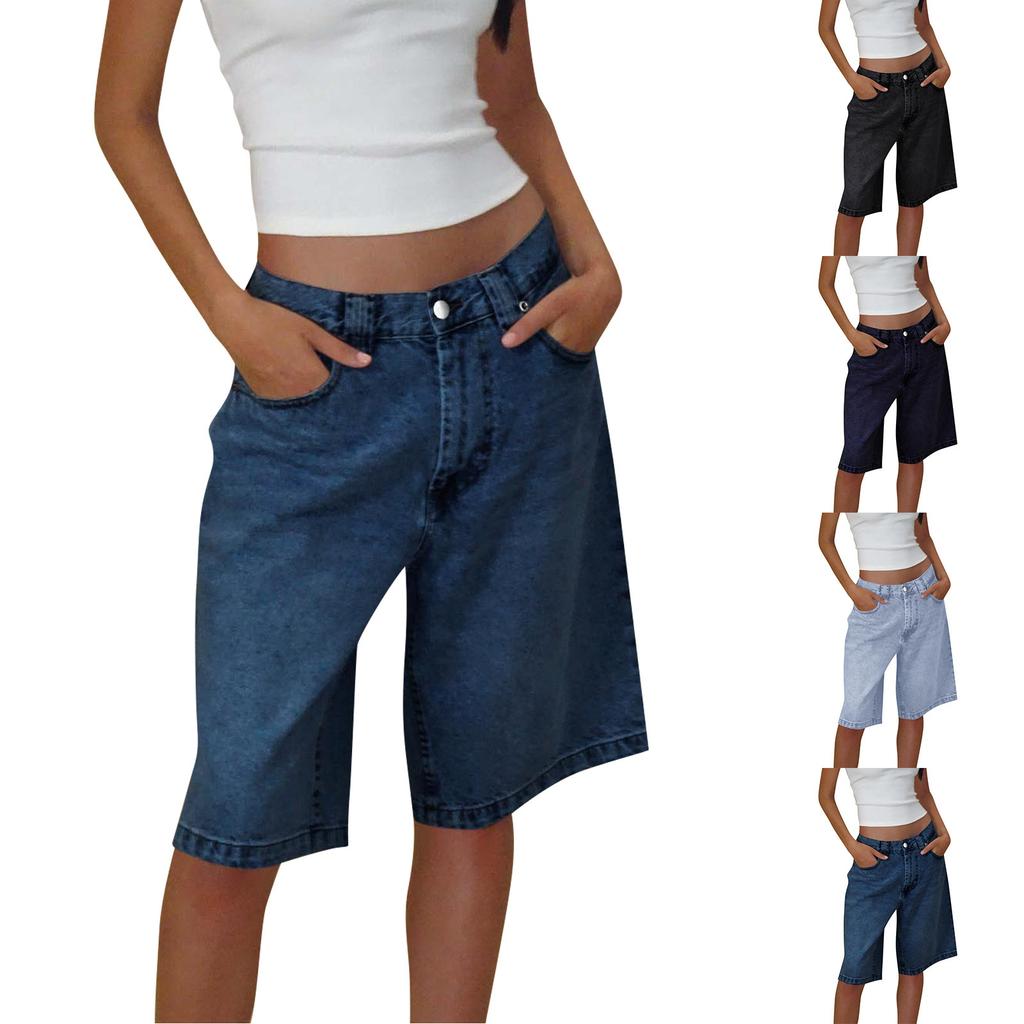 Women Jean High Waisted Trendy Patch Pockets Casual Summer Button Fly Denim Knee Length