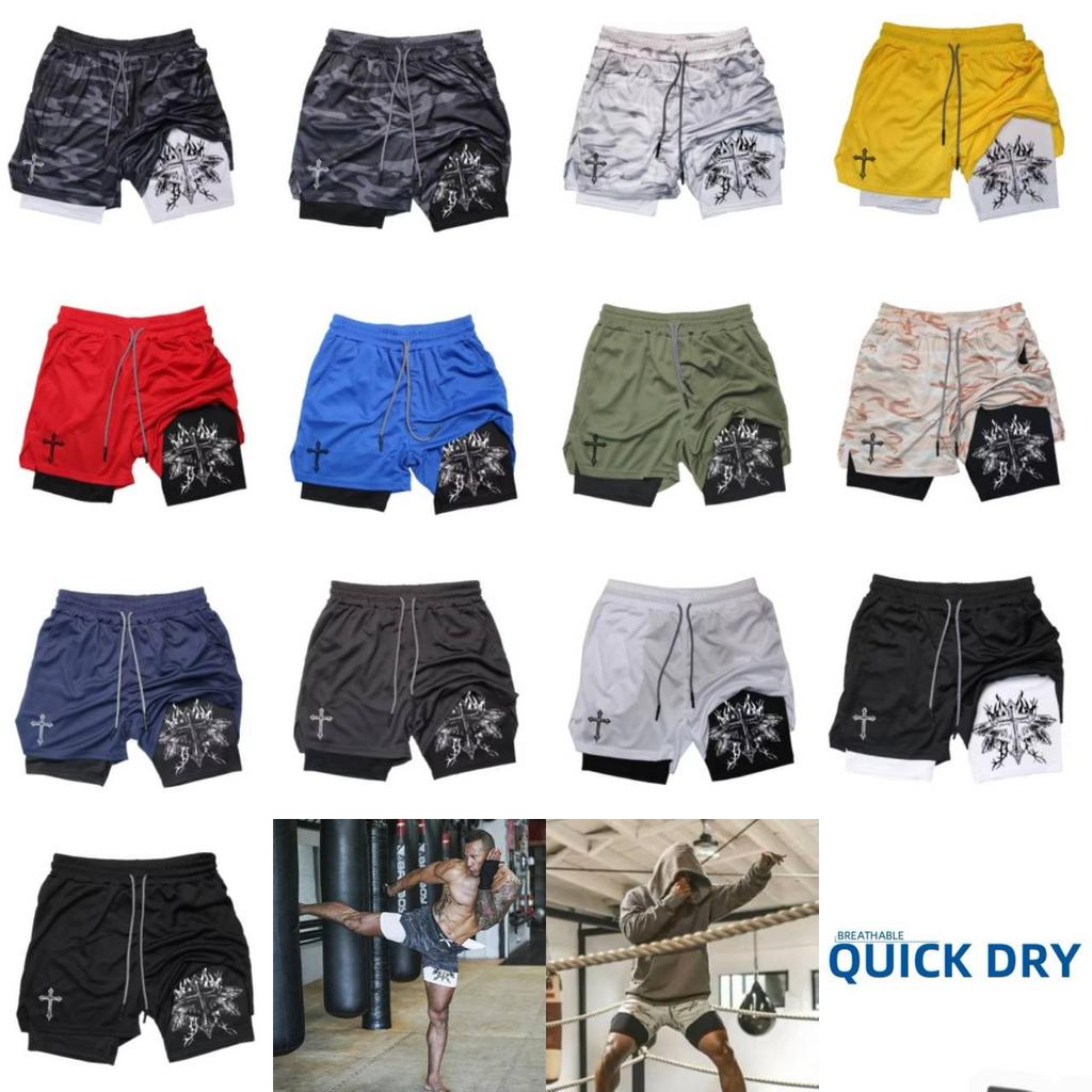 Muay Thai Kick Boxing MMA Shorts Cross Christian Camouflage God Men Women Unisex Double Layer Quick Dry Breathable Sport Gym Fitness Workout