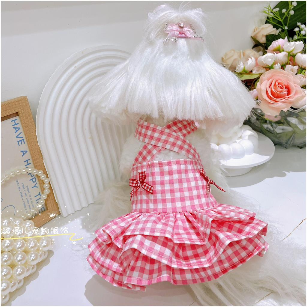 Pet Plaid Dress Cute Bow Vest Suspender Skirt Fluffy Skirt Cute Puppy Dress Outfit Puppy Dog Dresses for Small Dogs