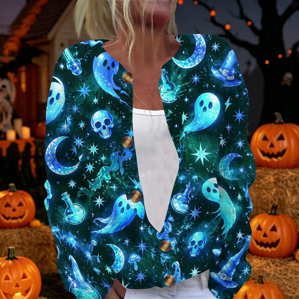 Women's Halloween Long Sleeve Knit Cardigan Button Up Sweater Skeleton and Pumpkin Musical Print Lightweight Outerwear for Fall and Winter