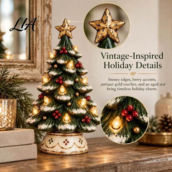 DIY Craft Art Ornament Lighted Christmas Tree Tabletop Decor, Resin LED Artificial Xmas Exquisite Holiday Party with Warm Glow, USB Powered
