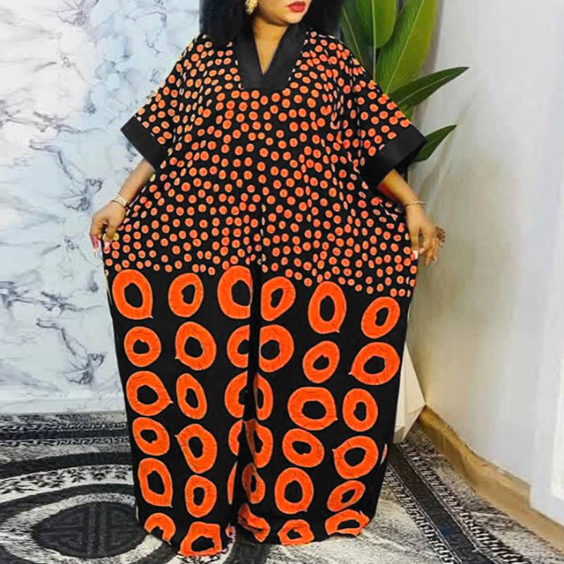 Oversized Women V Neck Half Batwing Sleeve Polka Dots Print Casual Loose Maxi Dress