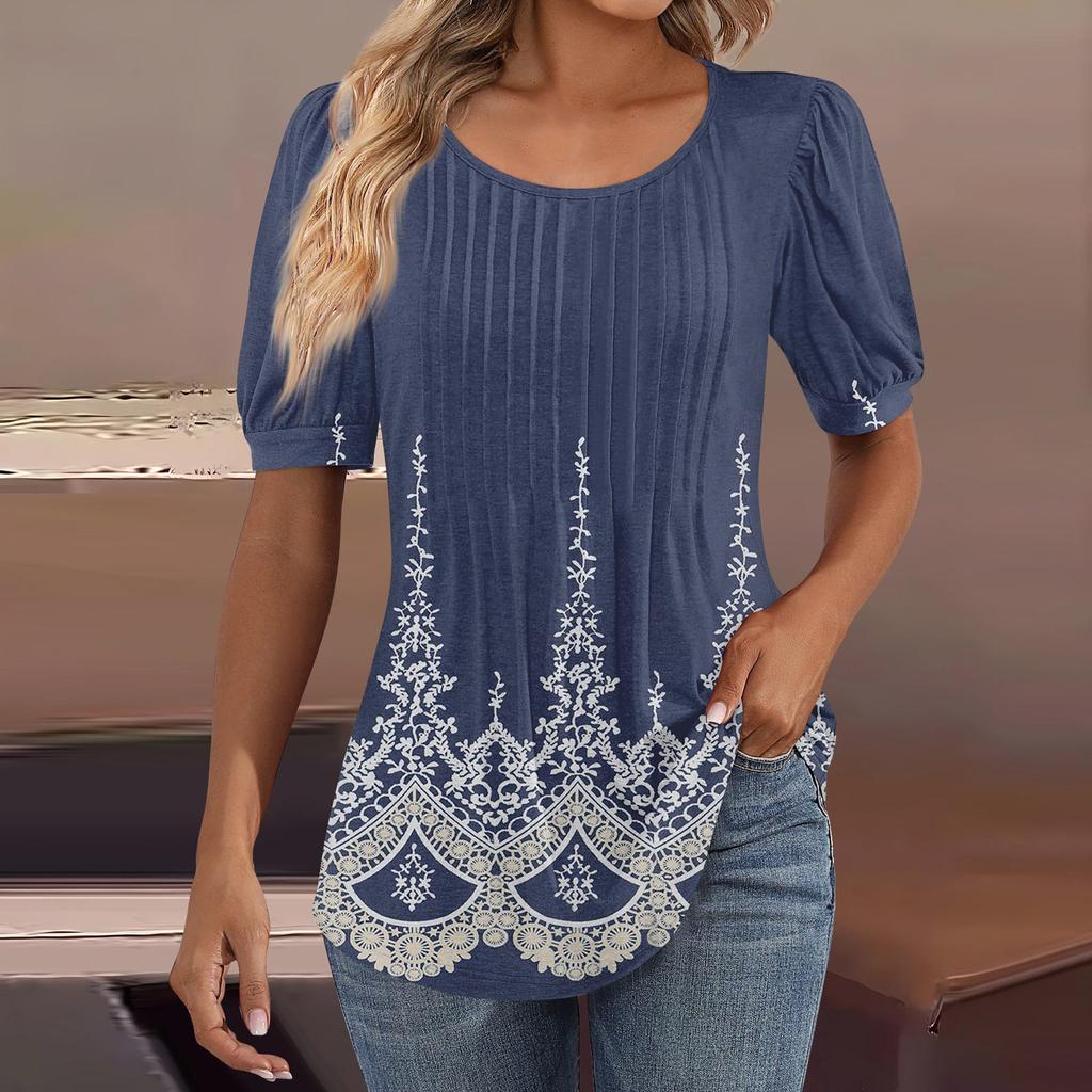 Женские пышные туники с короткими рукавами, топы, плиссированные блузки с воротником, повседневные свободные весенне-летние футболки