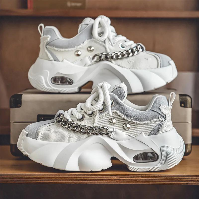 Мужская обувь Осень Новые Модные Туфли на Толстой Подошве с Увеличением Роста Износостойкие Металлическая Цепочка Шнуровка Комфорт Клепки Кроссовки 2025