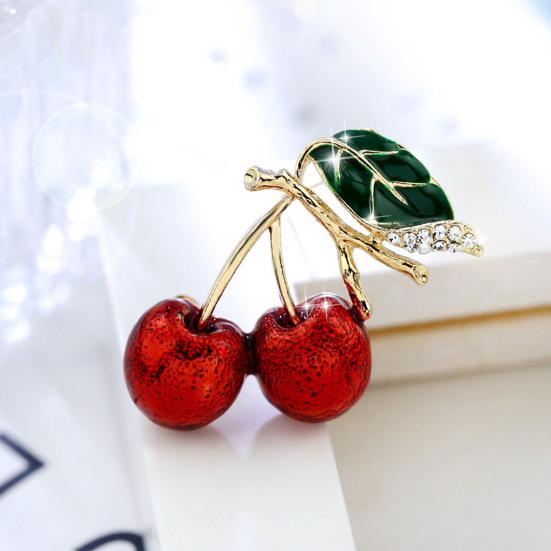 Cute Cherry Rhinestone Leaf Enamel Vibrant Vivid Cherry Brooch Color Pin Shawl Scarf Lapel Badge