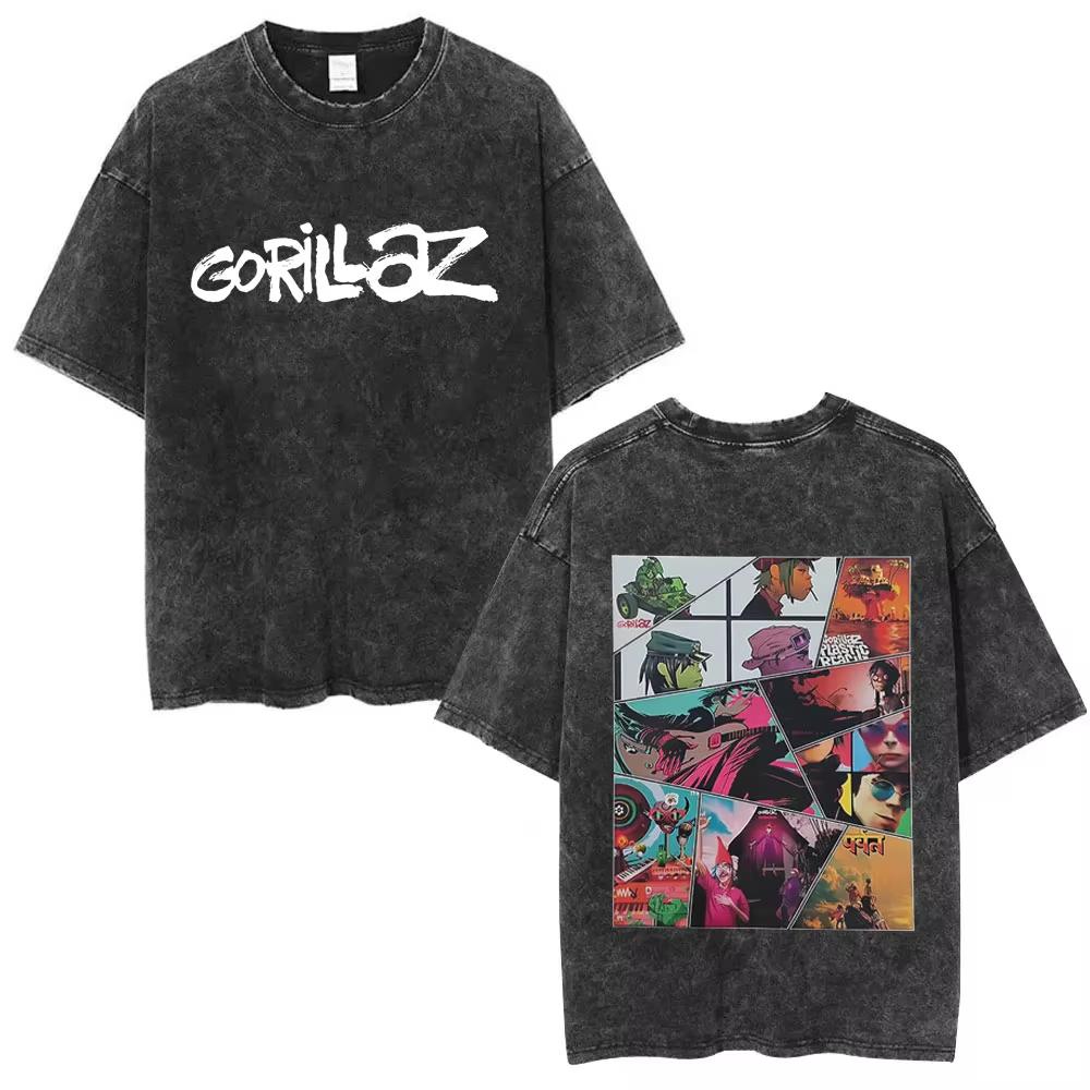 Washed Vintage Rock Band Gorillaz Album Graphic T-shirt Men's Women Hip Hop Fashion Oversized T Shirts Male Cotton Streetwear