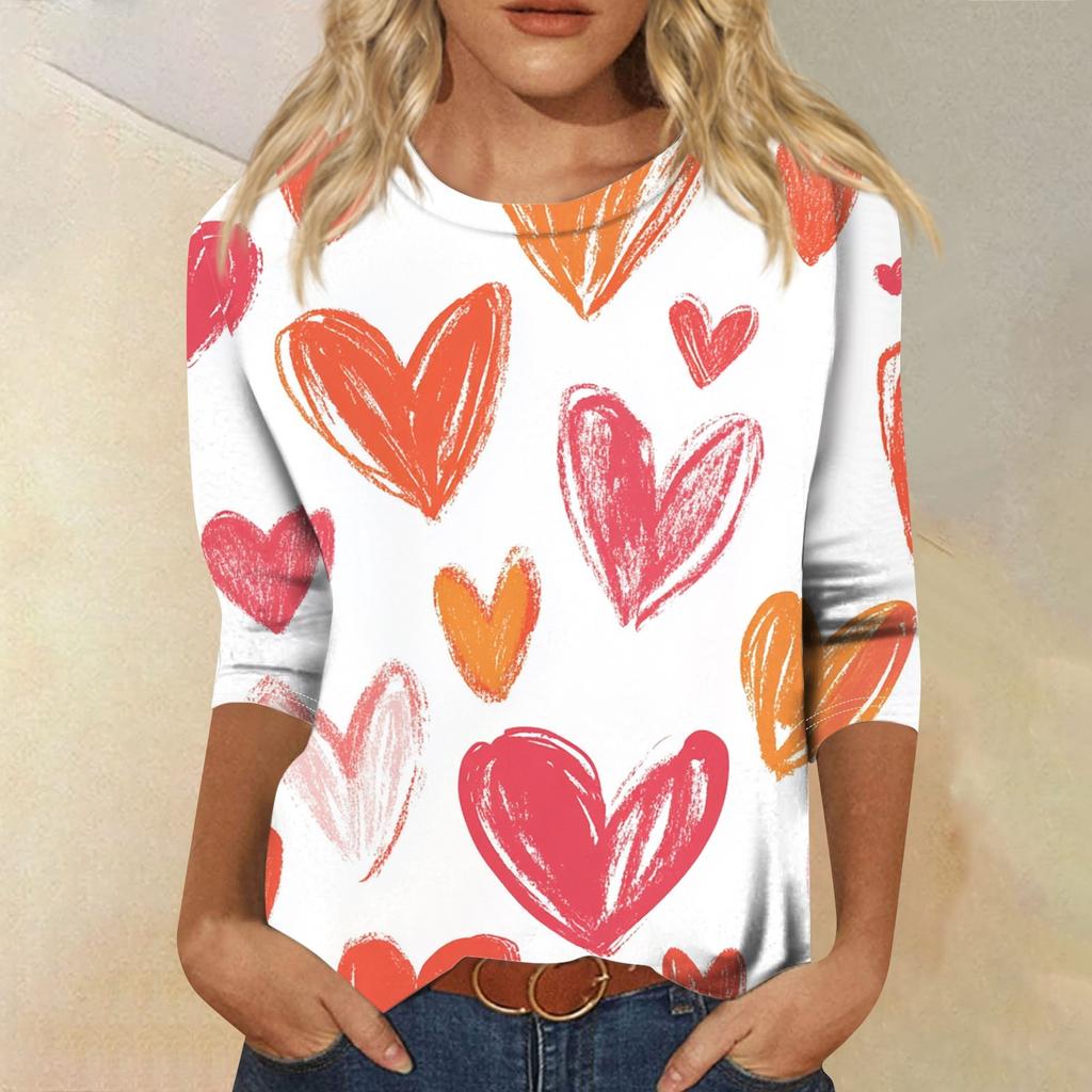 Футболка женская с рукавом 3/4, повседневная футболка с принтом ко Дню святого Валентина, джемпер с круглым вырезом