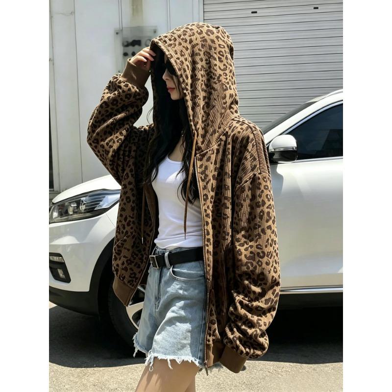 Women S Vintage Leopard Print Loose Long Sleeve Hooded Cardigan Sweatshirt