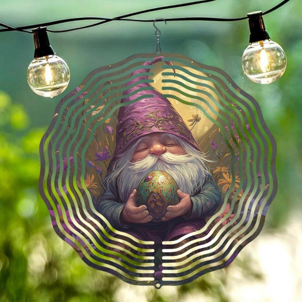 Purple Cloaked Gnome 2D Metal Wind Chime Moonlit Flower Design Outdoor Hanging Decor for Garden Home Wedding Christmas Gift