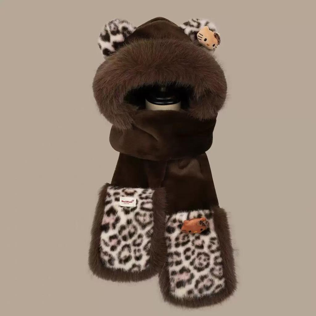Plush leopard print bear ears hat scarf integrated women's autumn and winter warm hooded scarf hat three-piece set