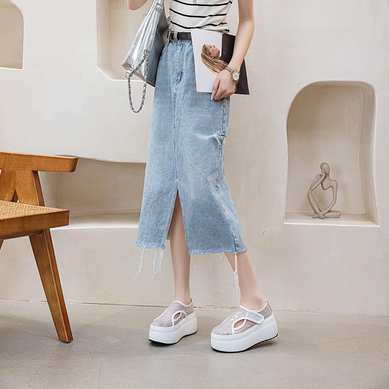 Mesh Breathable Sequins Women's Platform Shoes Women's 2025 Summer New Muffin Shoes Velcro Low-top Round Head Solid Color