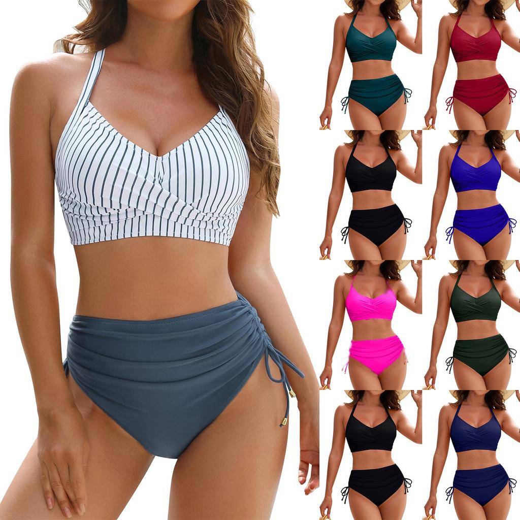 Womens High Waisted Bikini Sets Drawstring Swimsuits Crisscross Tie Back Bathing Suit
